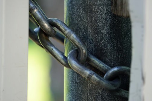 Close-up of a tow truck's hook and chains gleaming in sunlight.