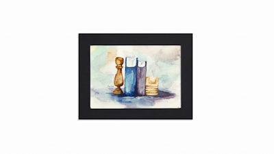 A watercolor painting featuring two books and a wooden chess piece arranged on a surface. The background is composed of soft, blended colors creating an abstract, artistic atmosphere.