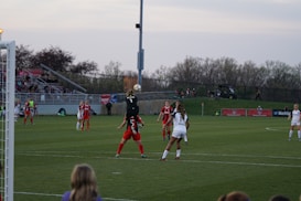 A soccer match is taking place on a grass field with players in red and black, and white uniforms. A player in a black jersey is jumping to catch a ball near the goalpost, while other players are observing or preparing to move. The stands in the background are filled with spectators, and trees line the horizon under a slightly overcast sky.