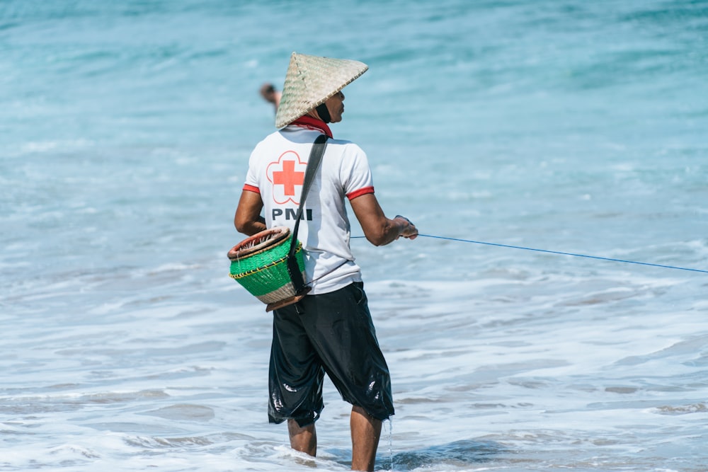 man pulling a rope on water