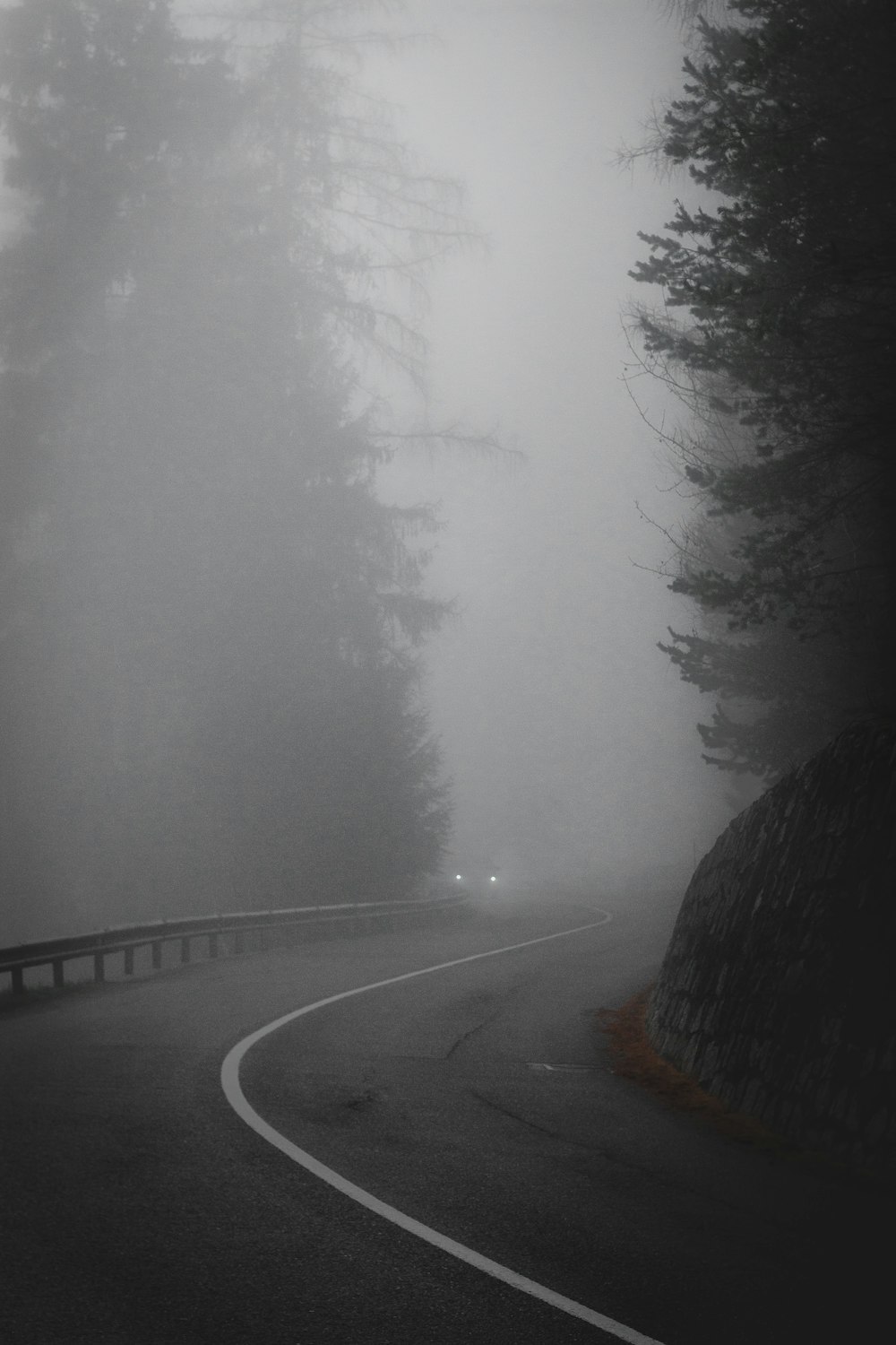 Fahrzeug mit eingeschalteten Scheinwerfern in Kurvennähe bei Nebel