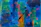 Vibrant abstract artwork featuring bold metallic blues and copper shades on a recycled canvas.