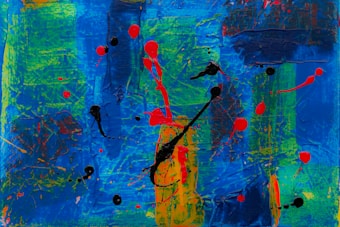Vibrant abstract artwork featuring bold and chaotic brushstrokes with intense splashes of red and black on a predominantly blue and green background.