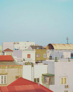 A cityscape showing varied neighborhoods illustrating social determinants of health.