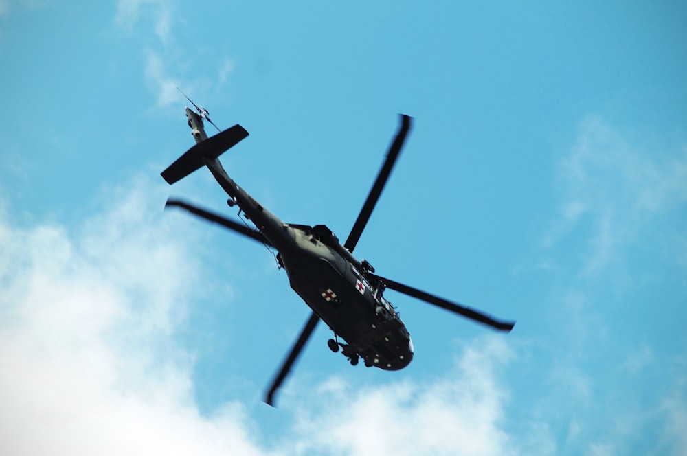 low angle photo of black and green helicopter