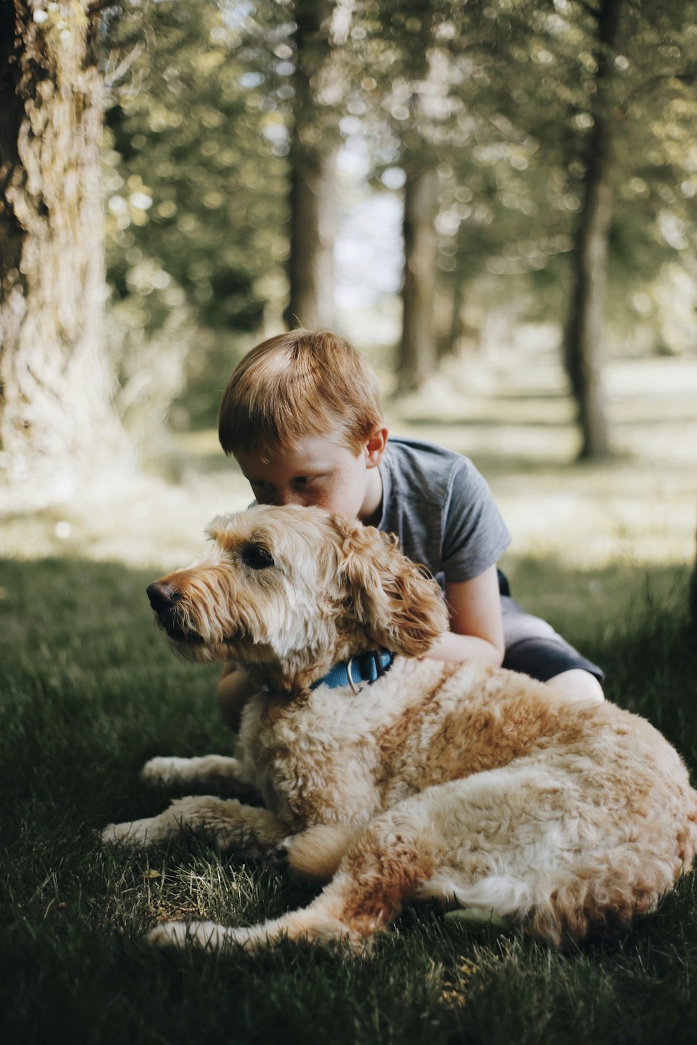 chico besando perro acostado en la hierba