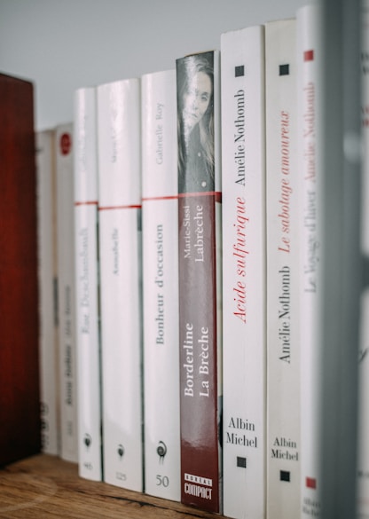 pile of books on brown wooden surface