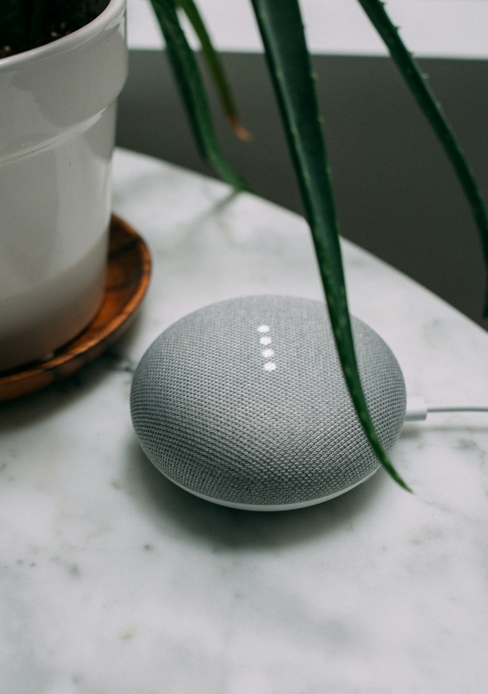 round charcoal Google Home Mini plug-in