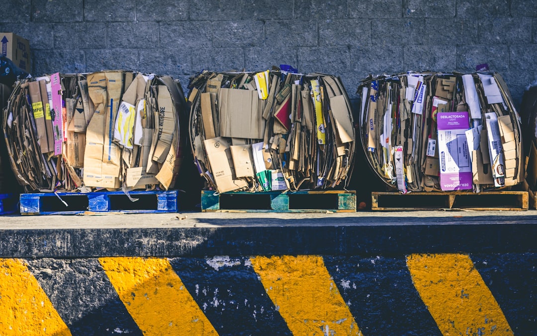 Three bales of recycled cardboard stringed and each on pallets.