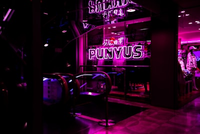 A dimly lit store entrance with vibrant pink neon lights displaying 'PUNYUS'. The store interior is visible, showcasing clothing items and mannequins. An escalator can be seen in the foreground, suggesting a shopping environment.