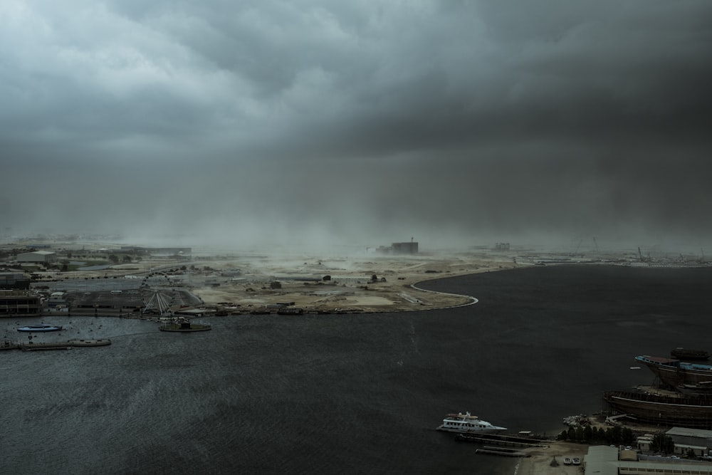 aerial photo on sea port with gloomy clouds