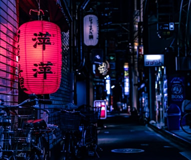 Japanese lantern over city bike at nighttime