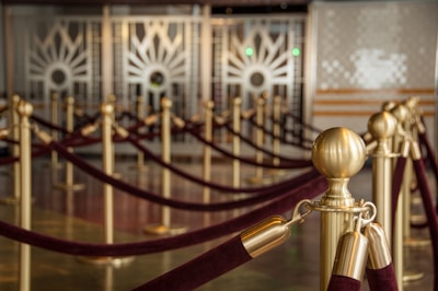 Rows of elegant velvet ropes with golden stanchions create a sense of sophistication and grandeur, likely in an upscale venue or event space. The floor reflects light, adding to the luxurious atmosphere.