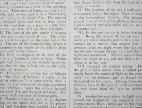 The image displays a page of text with dense paragraphs. The text discusses various principles related to visual perspective, including vanishing points, convergence of lines, and examples of lighting. Specific sections are numbered and focus on different aspects of visual perception and drawing techniques, such as the position of the sun, shadows, and artificial lighting.