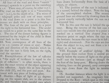 The image displays a page of text with dense paragraphs. The text discusses various principles related to visual perspective, including vanishing points, convergence of lines, and examples of lighting. Specific sections are numbered and focus on different aspects of visual perception and drawing techniques, such as the position of the sun, shadows, and artificial lighting.