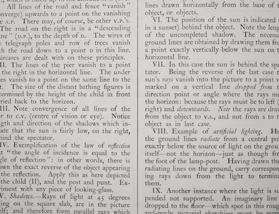 The image displays a page of text with dense paragraphs. The text discusses various principles related to visual perspective, including vanishing points, convergence of lines, and examples of lighting. Specific sections are numbered and focus on different aspects of visual perception and drawing techniques, such as the position of the sun, shadows, and artificial lighting.