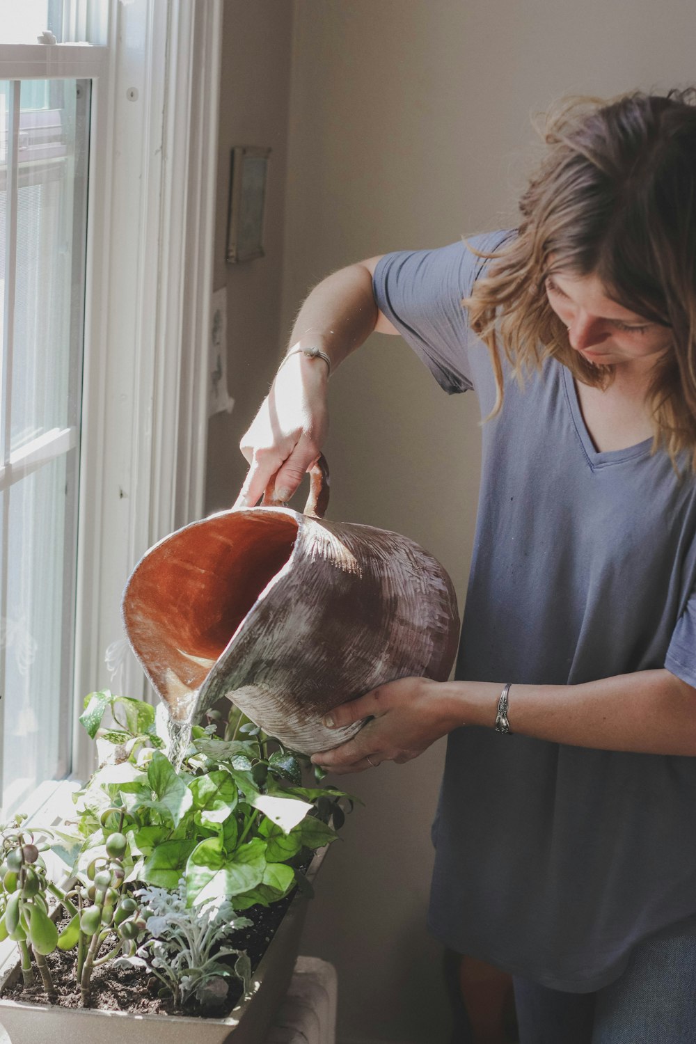 mujer regando planta al lado de la ventana