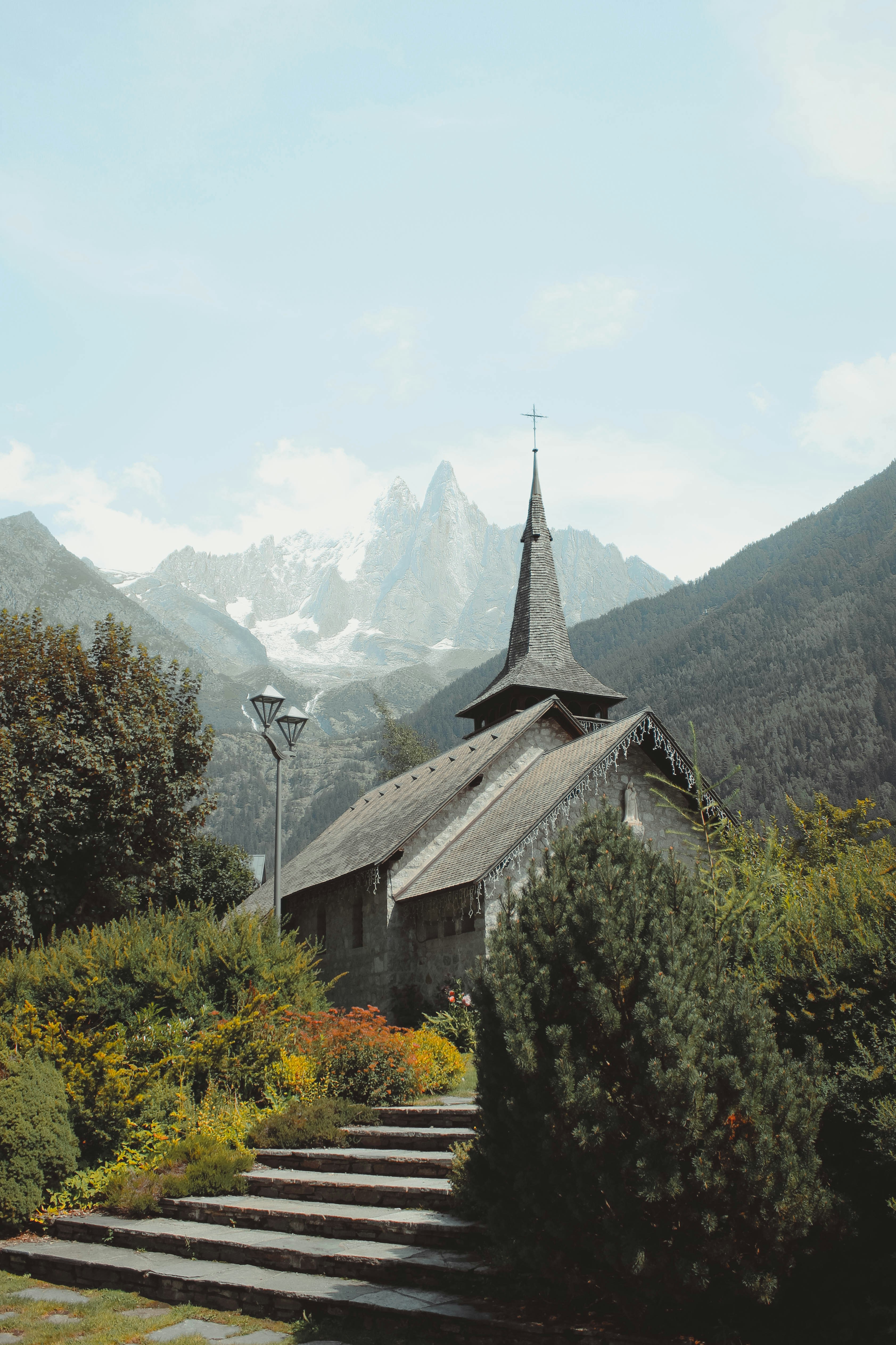 gray church beside mountain