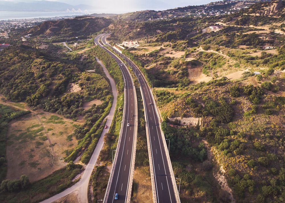 aerial photography of two lane road