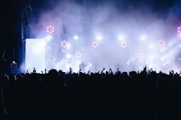 Crowd silhouetted against dramatic stage lights during a hard rock performance.