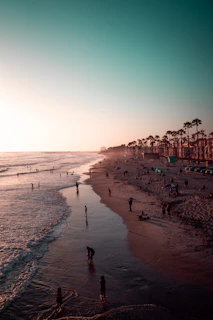 Colorful beach scene with people enjoying tropical drinks under palm trees at sunset.