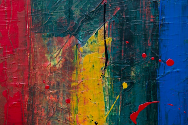 yellow, red, and green abstract paintng