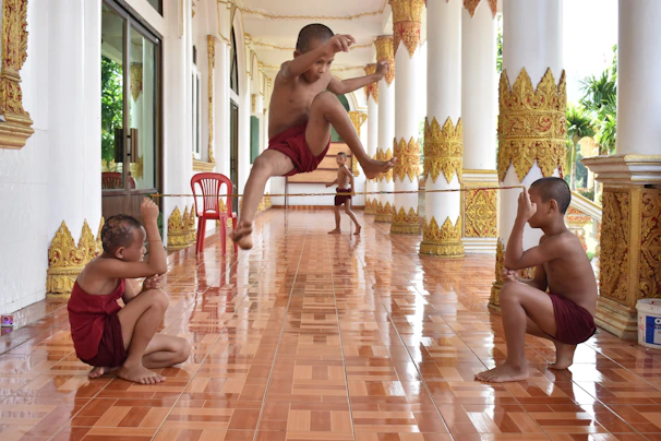Monks engaged in a lively philosophical debate under the ancient monastery's wooden beams.
