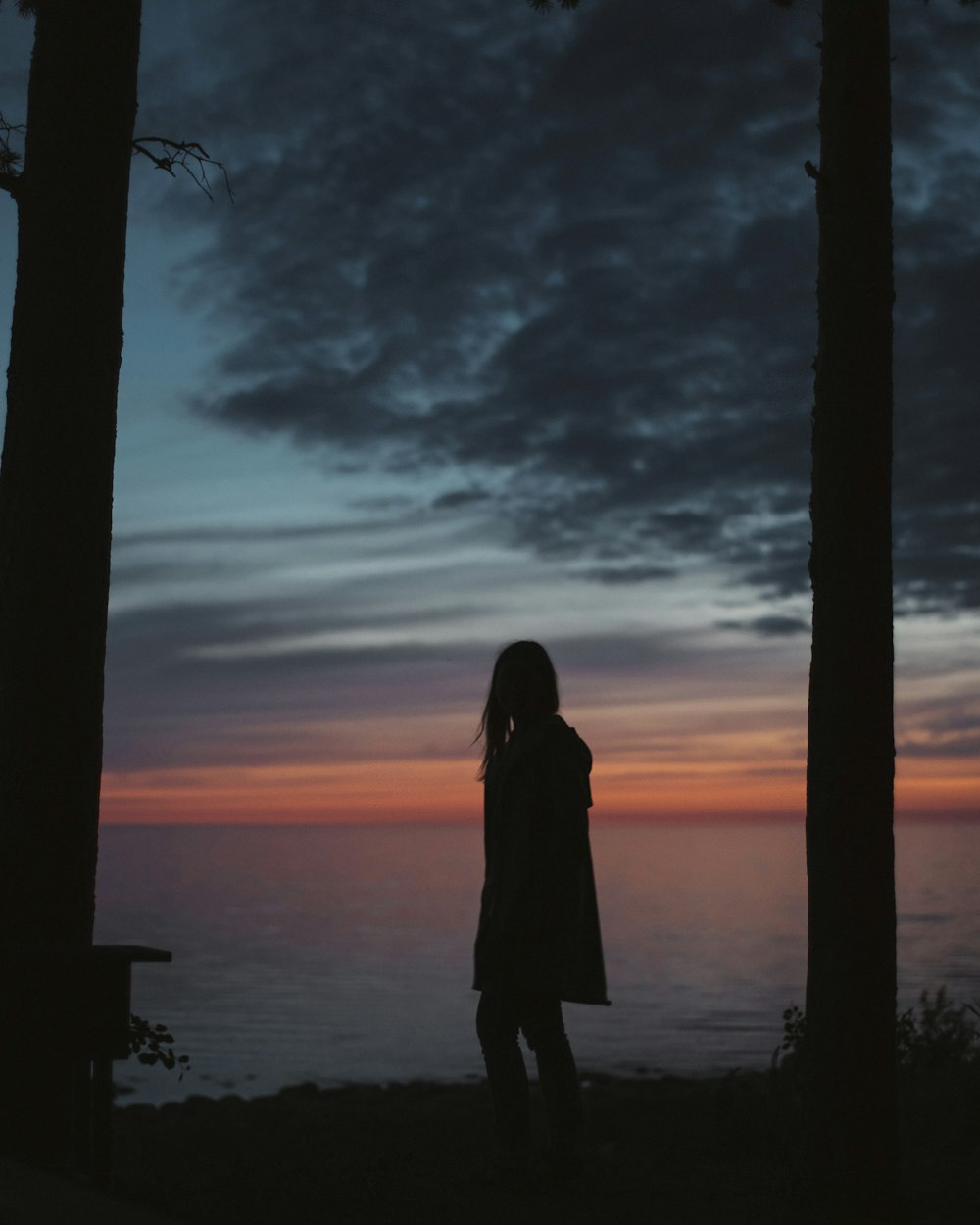 silhouette of a woman standing beside trees