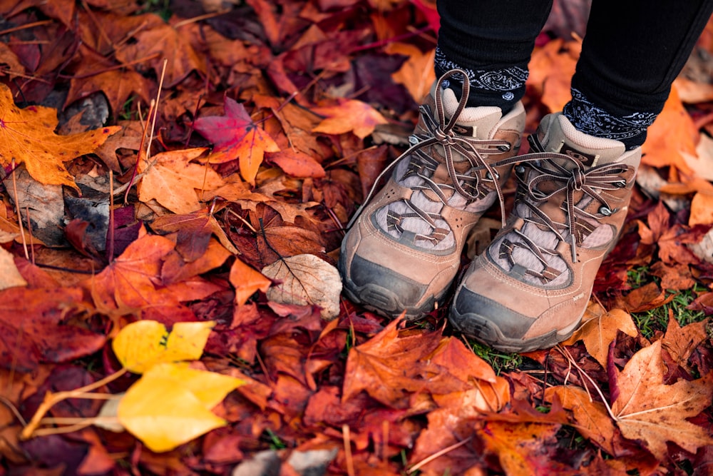 pair of brown hiking shoes