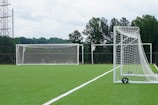 A well-maintained soccer field with lush green artificial turf is depicted. Two white soccer goals, one at a distance and another closer to the right, show the setup of the field. The goal nets are pristine and taut, indicating a space ready for a match or practice. Surrounding the field are tall trees providing a natural backdrop, and power lines are visible in the distance under a cloudy sky.