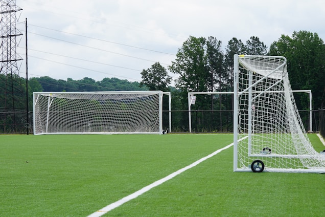 A well-maintained soccer field with lush green artificial turf is depicted. Two white soccer goals, one at a distance and another closer to the right, show the setup of the field. The goal nets are pristine and taut, indicating a space ready for a match or practice. Surrounding the field are tall trees providing a natural backdrop, and power lines are visible in the distance under a cloudy sky.