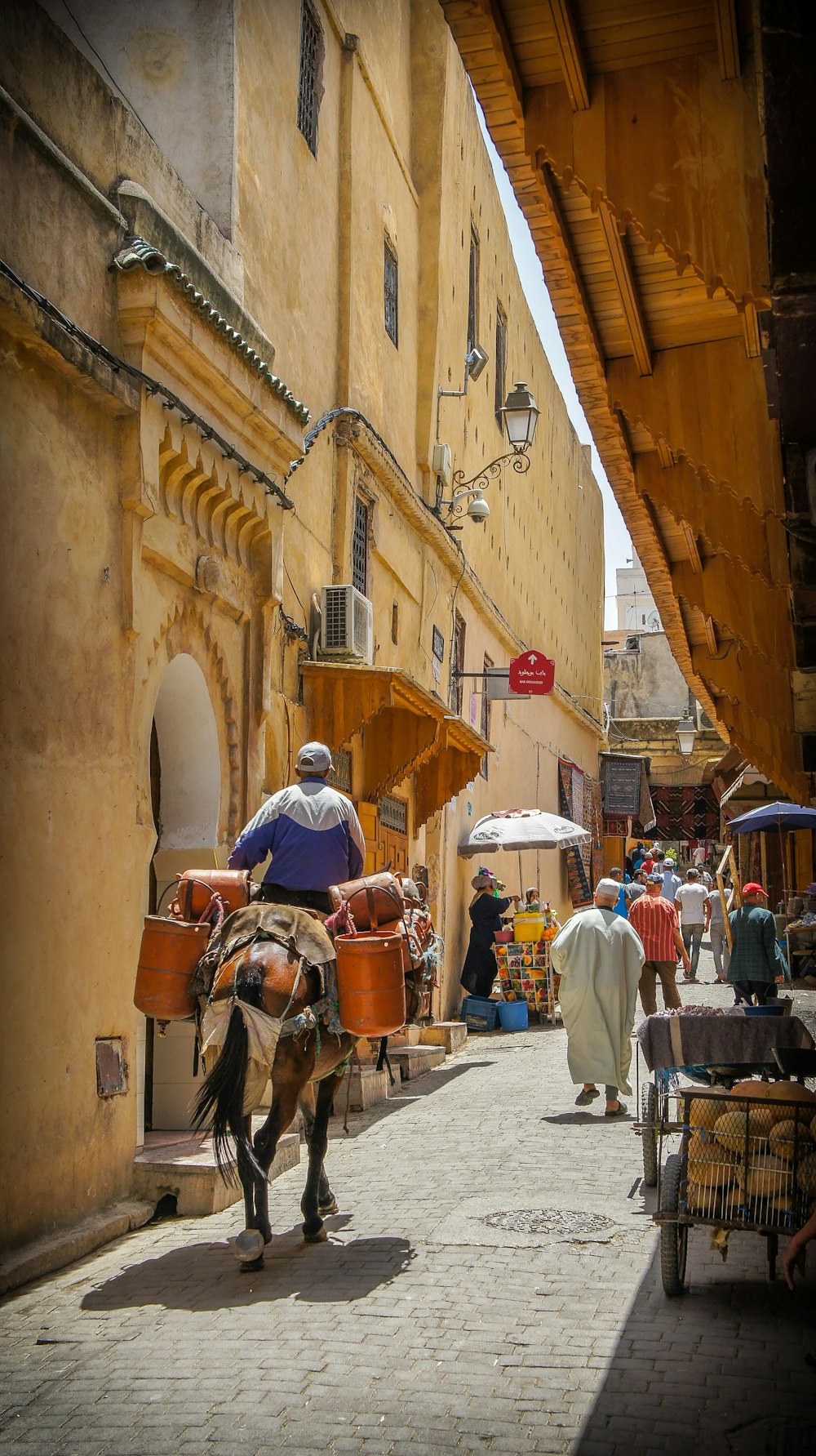 a man on the back of the horse in the medina of fezFamily-friendly city for culture lovers
