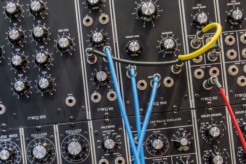 photo of black and blue audio mixer