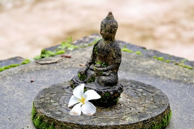 buddha figurine on table with flower traditional google meet background