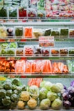 A supermarket shelf displays an array of fresh vegetables neatly organized in clear plastic packaging. The shelves are filled with vibrant, fresh produce, including carrots, peppers, broccoli, lettuce, cauliflower, and more. A discount sign offers 10% off, drawing attention to the vibrant selection.