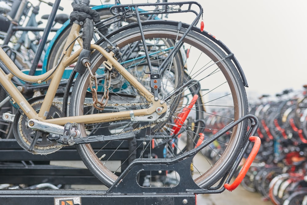 assorted bicycles on bicycle rack