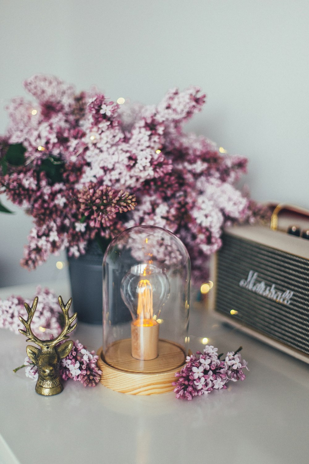 flores rosas y moradas junto al amplificador de cabeza de guitarra Marshall marrón