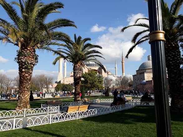 A lively park scene with tall palm trees and green lawns, featuring a historic mosque with prominent minarets in the background. A few people are strolling and sitting on benches, enjoying a sunny day.