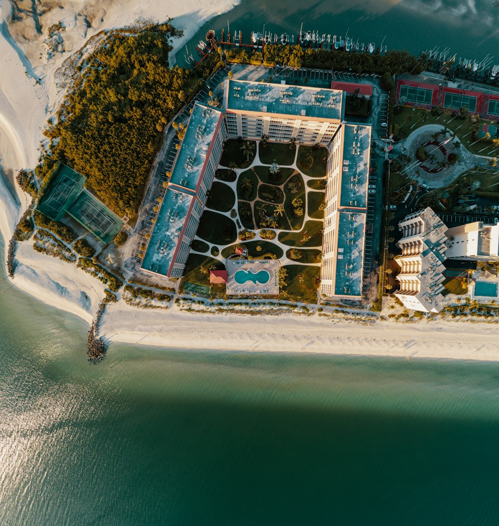 top-view photography of resort near coastline