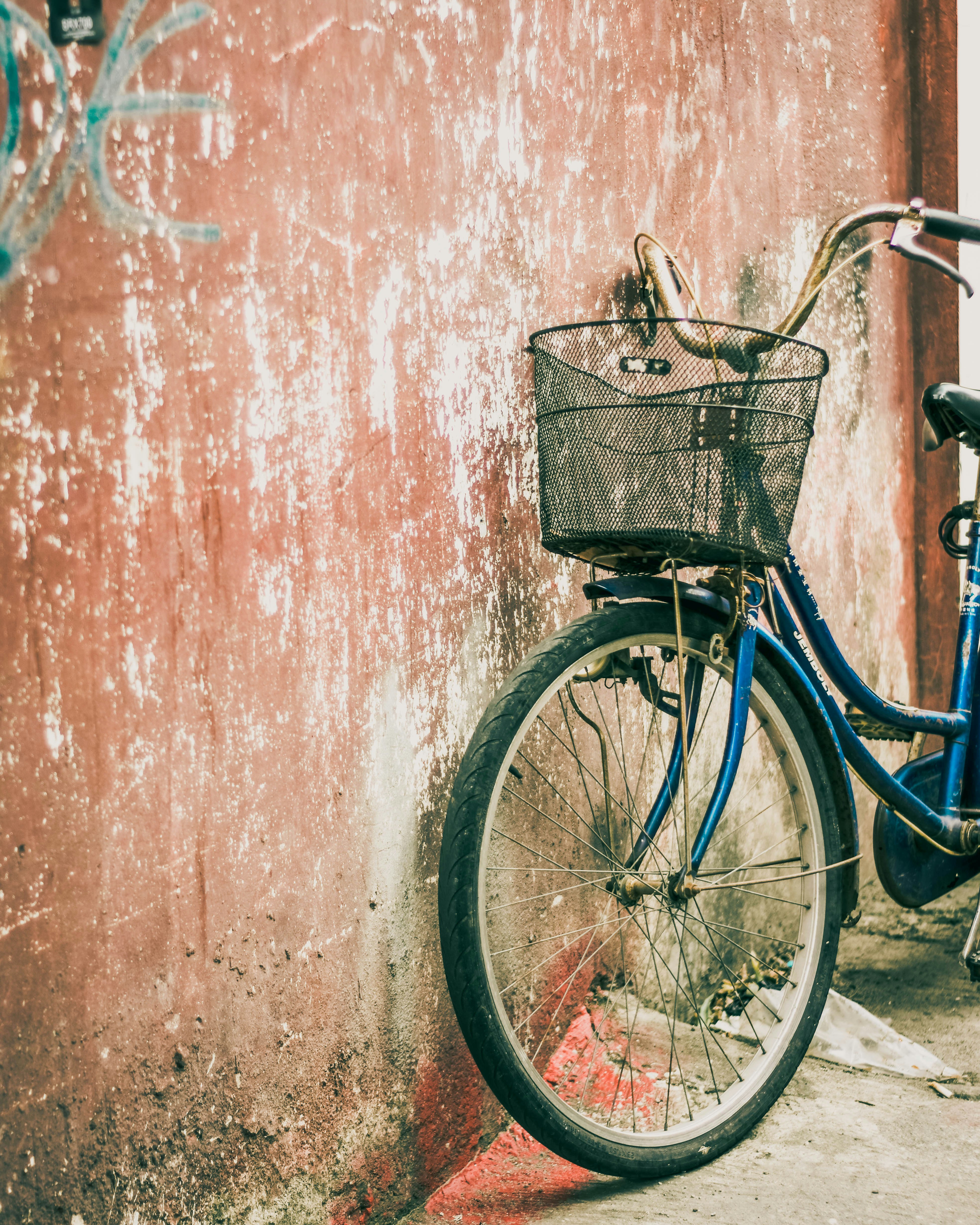 blue and black city bike parked near brown building wall