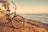 A vintage-style bicycle with orange rims is parked on a sandy beach path. Tall palm trees are lined along the path, and the ocean waves gently crash against the shore. In the background, a pier extends into the water, and the sky is painted with warm colors of late afternoon or early evening, giving a serene and peaceful atmosphere.