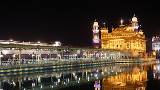 A peaceful temple courtyard at dusk, with glowing diyas lining the pathway.