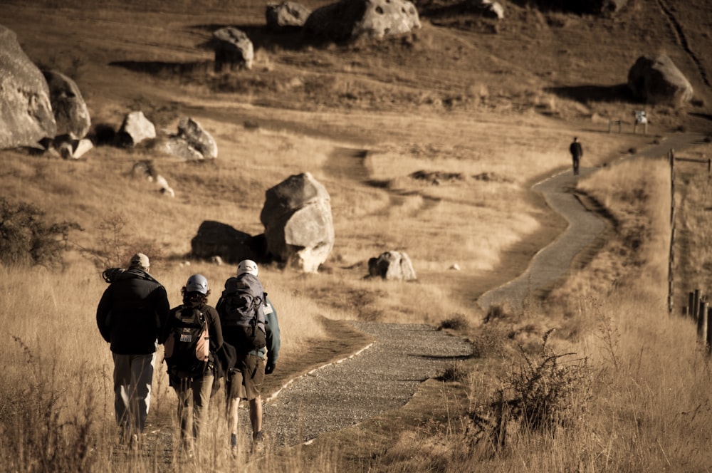 three person walking through road