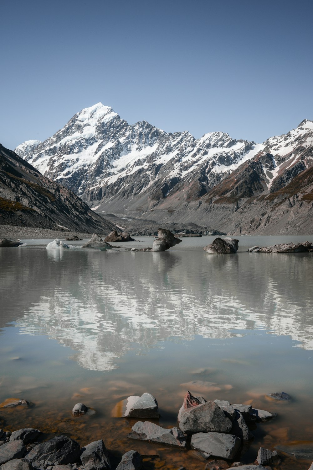 body of water with snow capped mountain background
