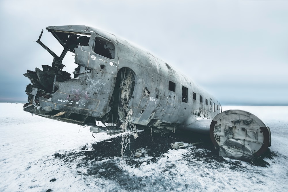grayscale photography of abandoned airliner