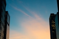 A serene photograph of a cityscape during sunset.