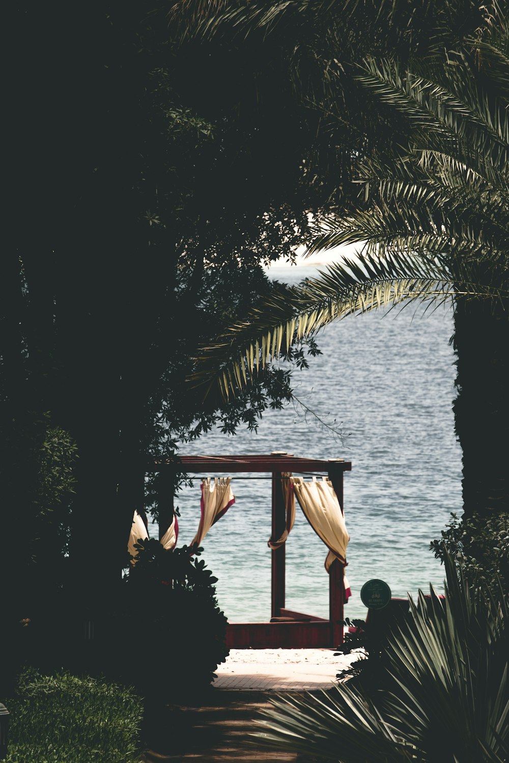 Gazebo de jardín cerca de la playa bajo cocoteros