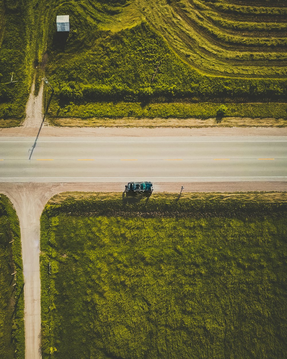 bird's eye view of car on road