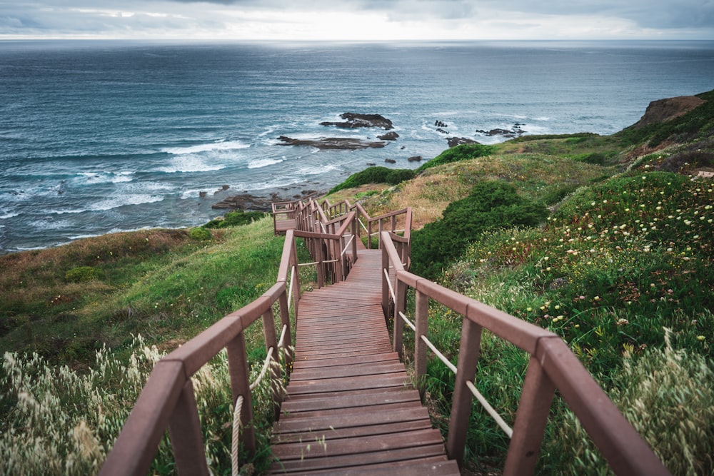 brown wooden staircase on mountain