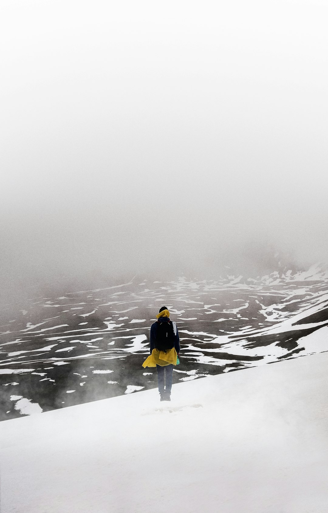 person standing on snow field covered with fog